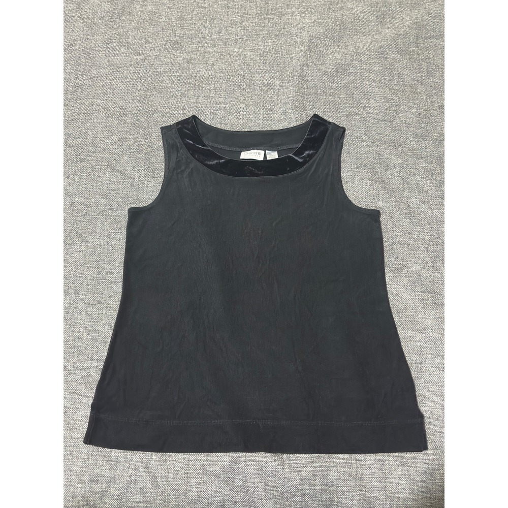 Chico's Womens Size 2 Tank Top Black Velvet Trim Sleeveless Acetate Blend